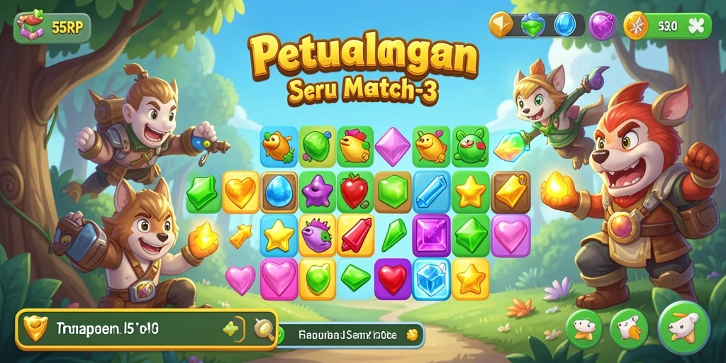 Gameplay seru 55RP dengan tantangan Match-3 yang menarik.