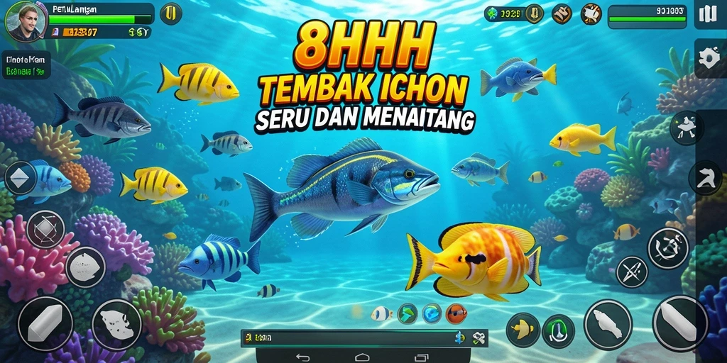 Gameplay seru Tembak Ikan di 8HHH dengan ikan berwarna-warni.