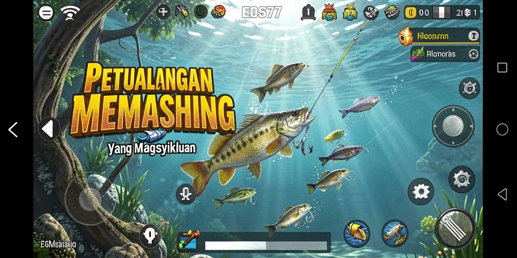 Screenshot gameplay EOS77 yang menampilkan suasana memancing yang seru.