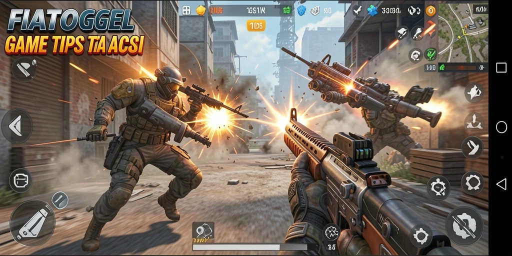 Tampilan utama gameplay FIATOGEL yang menampilkan aksi tembak-menembak.