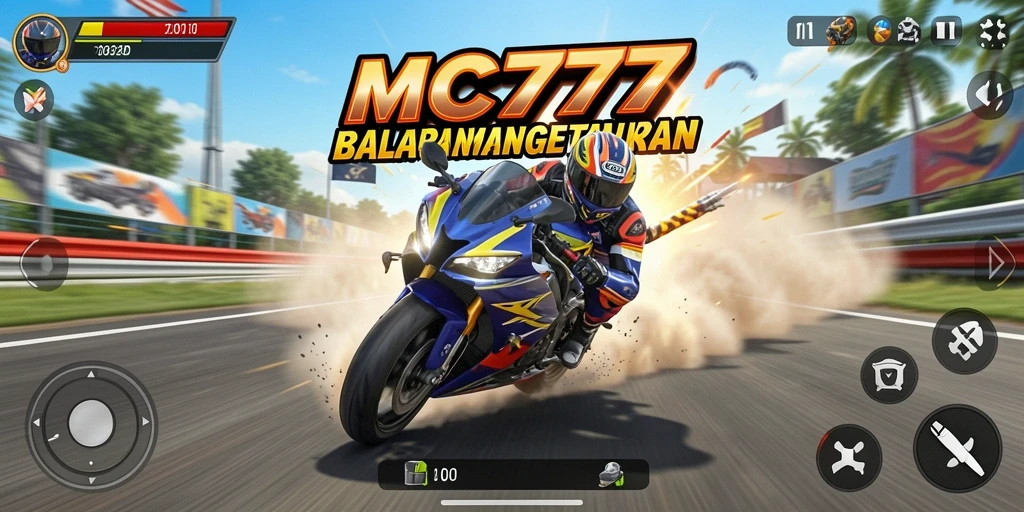 Tangkapan layar gameplay MC777 yang mendebarkan dalam balapan motor.