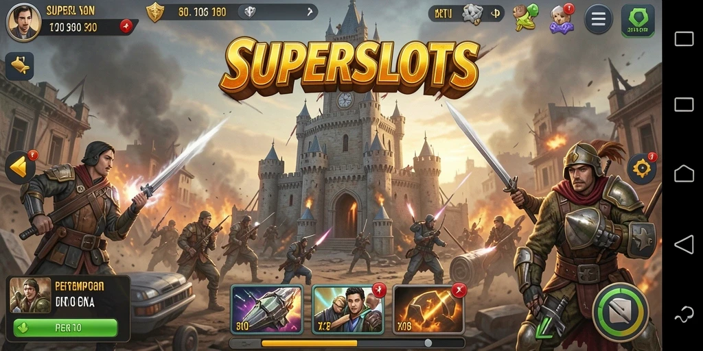 Gameplay menegangkan di SUPERSLOTS, menara melawan gelombang musuh.